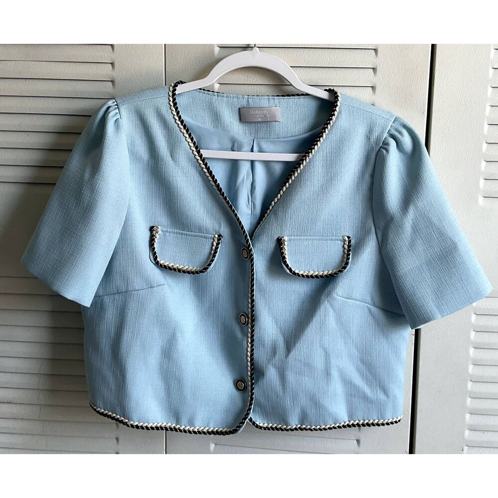 Hobemty Women's Light Blue Tweed Button Down Short Sleeve Blazer XL #4